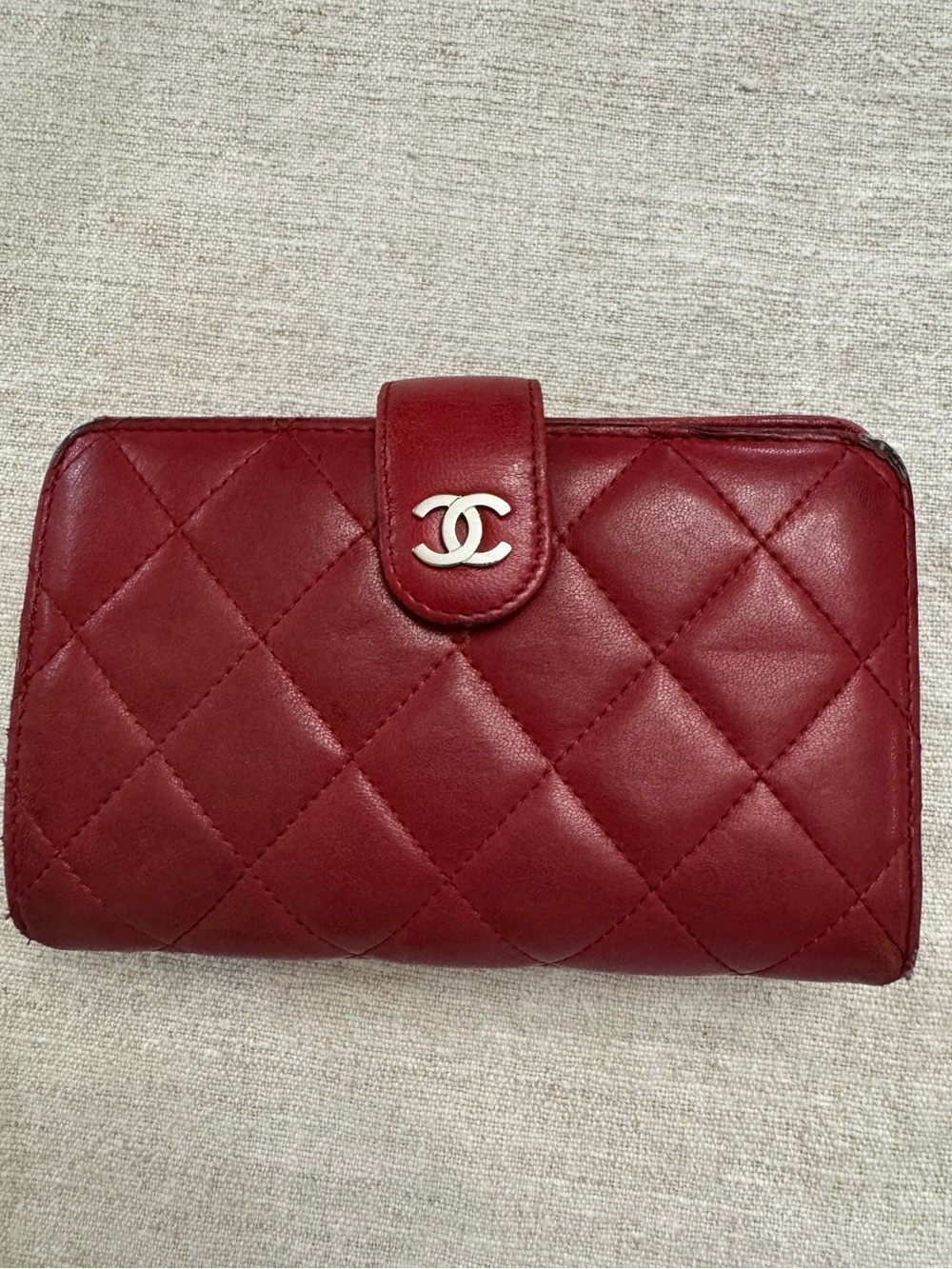 Chanel Red Quilted Lambskin Leather L-Zip Compact French Purse Wallet